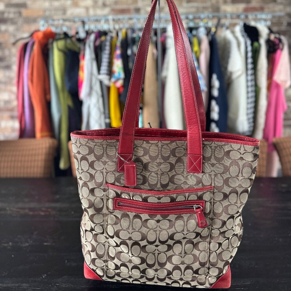 Vintage Coach Tan Monogram Shoulder Bag with Red Trim